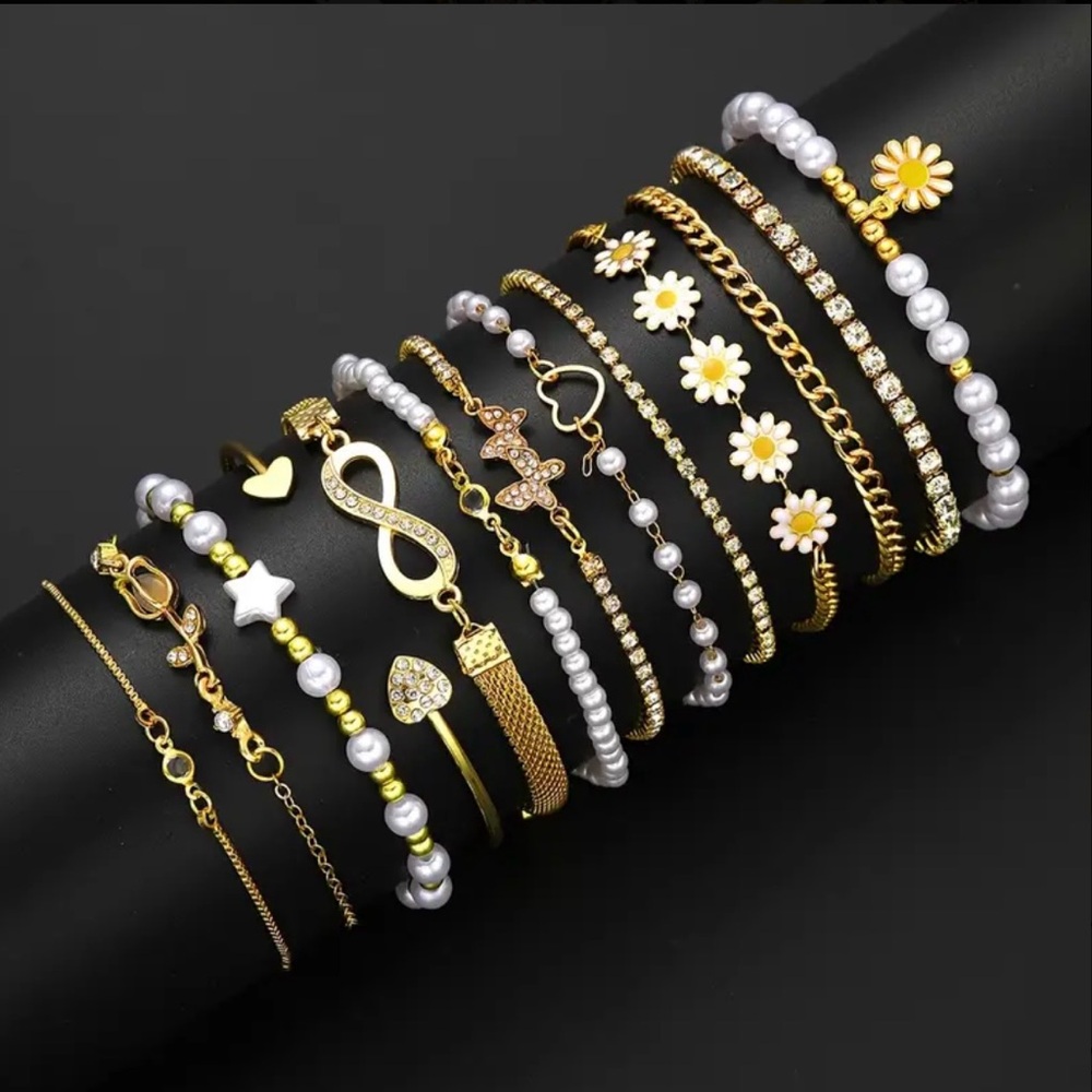 Bohemian Gold Charm Bracelet Stack • Pear Beads, Infinity, Daisy Star • 13 Piece - Picture 2 of 4